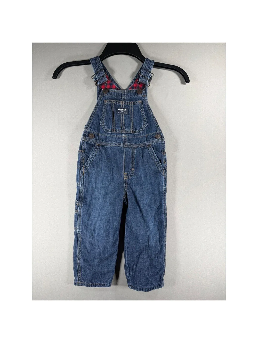 OshKosh Bgosh Kids 2T Flannel Lined Denim Overalls Vestbak Blue Plaid
